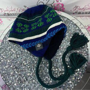 Columbia winter hat toque heat gear inside knit tribal winter blue green warm